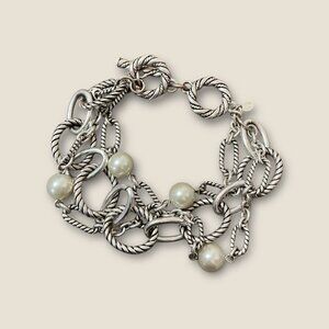 Premier Silver-Tone Chain Link Bracelet With Faux Pearl Accents 8 Inches